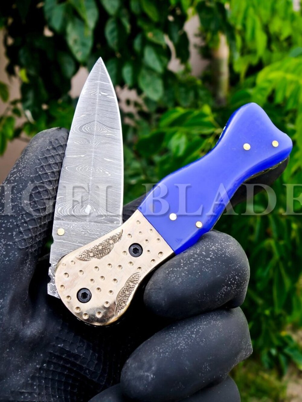 Handmade Damascus Folding Knife – Blue Resin Handle & Brass Bolster – Custom EDC